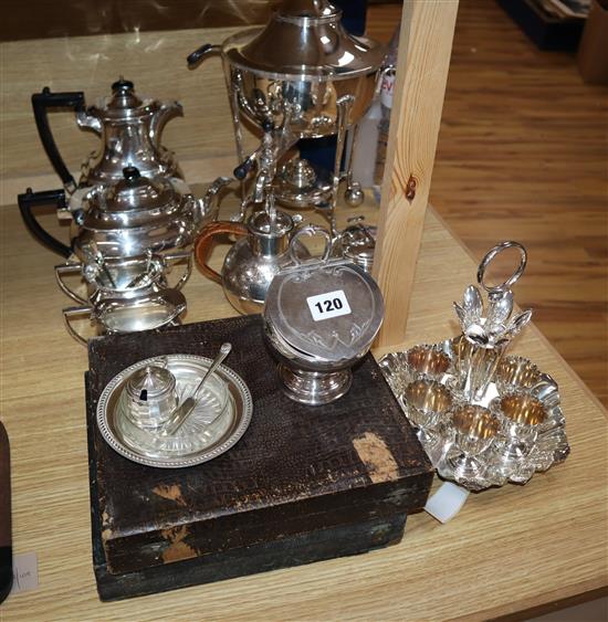 A Mappin and Webb silver-plated samovar, a four piece tea set and sundry plate